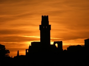 torre, tramonto, nero, castello, controluce, silhouette, arancio, sole, rosso, cielo
