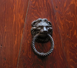 batacchio, leone, porta, legno, anello, ferro, marrone, bussare, portone, battiporta
