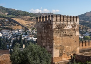 torre, merli, alberi, panorama, castello, colline, case, montagne, paese, verde, paesaggio