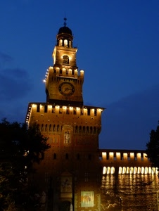 luci, torre, orologio, castello, cielo, blu, milano, merli, notturno, alberi, notte, sforzesco, sera, cupola