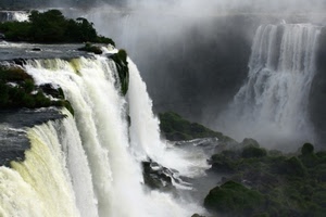 acqua, cascate, cascata, fiume, salto, alberi, spruzzi, vapore, rocce, verde, bianco