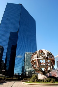 grattacielo, sfera, palazzo, vetro, specchi, scultura, aiuola, riflesso, cielo, monumento