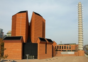 ciminiera, edificio, torre, mattoni, palazzo, fabbrica, cielo, geometrico, moderno, architettura, marrone, arancione, chiesa