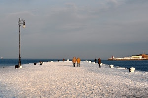 lampione, neve, mare, molo, inverno, persone, passeggiare