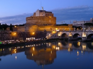 ponte, castello, fiume, riflesso, roma, luci, cielo