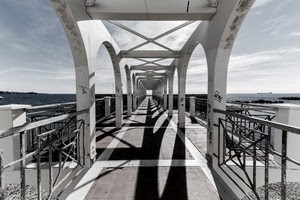 ponte, prospettiva, ombre, archi, mare, ombra, cielo, ringhiera, bianconero