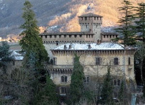 castello, alberi, torre, finestre, neve, albero, bandiera, montagna, inverno