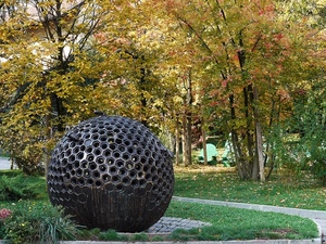alberi, sfera, scultura, parco, giardino, autunno, alveare, prato, palla, arte, bosco, ferro