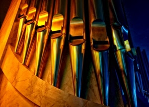 organo, canne, musica, blu, giallo, oro, ottone, chiesa, riflessi, metallo, dettaglio, luce, legno