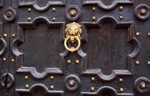 leone, portone, batacchio, chiodi, oro, legno, porta, ottone, battente, dorato, borchie, battiporta, cornici, anello, metallo
