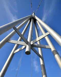 cielo, metallo, tubi, azzurro, prospettiva, tiranti, nuvole, struttura, antenna, pali, ponte, traliccio, geometrico