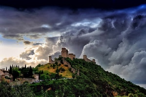 castello, nuvole, alberi, collina, panorama, cielo, temporale, montagna, rocca, verde, torri