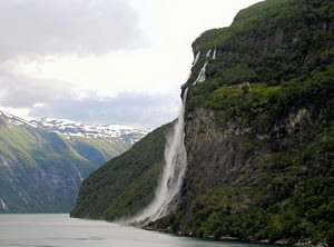 cascata, acqua, montagna, montagne, lago, neve, verde, fiordo, panorama