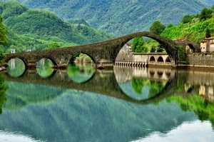 fiume, ponte, riflesso, acqua, archi, cerchi, verde, alberi, case, boschi, montagne, colline, diavolo, montagna, bosco