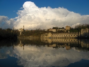 nuvole, riflesso, acqua, fiume, panorama, lago, riflessi, paese, paesaggio, cielo, chiesa, alberi
