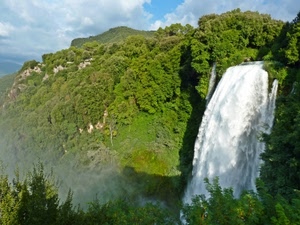 verde, acqua, nuvole, cascata, alberi, cielo, bianco, bosco, fiume, montagna, azzurro, cascate