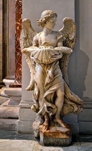 angelo, statua, ali, marmo, acquasantiera, conchiglia, colonne, scultura, chiesa