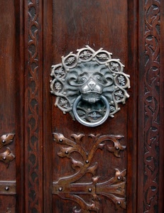 batacchio, porta, leone, legno, anello, metallo, borchie