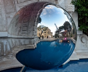 sfera, riflesso, acqua, fontana, metallo, blu