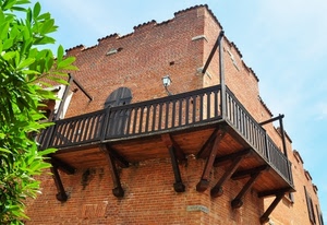 balcone, legno, mattoni, verde, ringhiera, palazzo, marrone, foglie, angolo, albero, antico, pianta