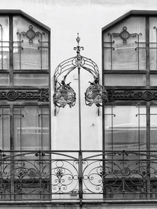 finestre, balcone, bianconero, ringhiera, liberty, vetri, lampione, ferro, inferiate, lampioni, due