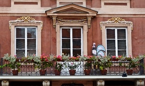 fiori, balcone, finestre, vasi, tre, ringhiera, gallo