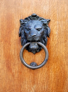 legno, leone, anello, porta, batacchio, battiporta, metallo, cerchio, ottone, criniera, battente, portone, testa