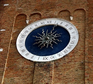orologio, numeri, mattoni, blu, sole, ore, romani, lancette, muro, bianco