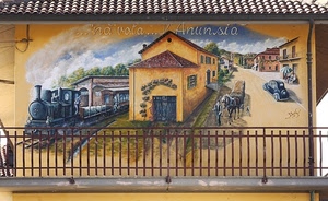 murales, ringhiera, treno, balcone, disegno, stazione, tegole, cavallo, automobile, tetto, locomotiva, dipinto