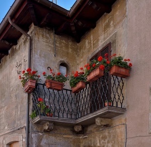 balcone, gerani, fiori, rosso, vasi, angolo, grondaia, casa, ferro