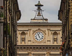 orologio, numeri, campana, lancette, campane, palazzi, fiori, torino