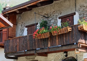 fiori, legno, balcone, vasi, casa, porte, terrazzo, rosso, gerani, finestre, piante, verde, tetto, muro, ringhiera