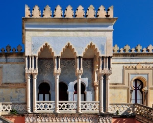 colonne, balcone, merli, finestre, archi, balaustra, azzurro, moresco