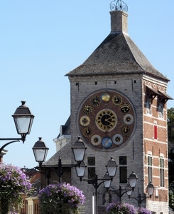 orologio, torre, lampioni, fiori, lampione, orologi, campanile