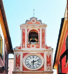 orologio, campana, lancette, campanile, cielo, finestre, numeri, torre, rosso, palazzi, bianco, chiesa, case