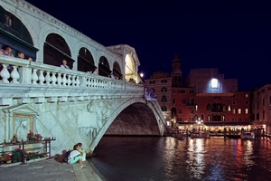 ponte, venezia, canale, acqua, rialto, riflesso, notte, sera