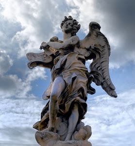 angelo, statua, ali, nuvole, cielo, marmo
