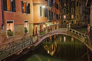 ponte, canale, venezia, finestre, notturno, luci, palazzi, notte, acqua, riflessi, lampione, riflesso