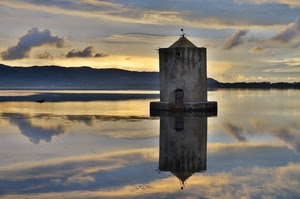 acqua, riflesso, nuvole, mulino, lago, cielo, torre, mare