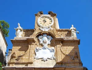 statue, orologio, stemma, cielo, albero, lancette, tufo