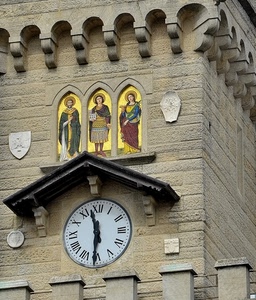 orologio, lancette, tre, stemmi, santi, numeri, tettoia, ore, icone, torre