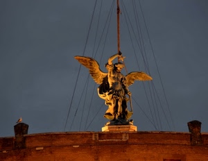 angelo, statua, ali, spada, fili, uccello, notturno