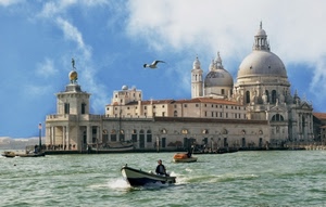 gabbiano, chiesa, cupole, barca, barche, venezia, canale, mare, acqua, laguna