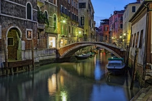 ponte, canale, venezia, acqua, barche, barca, luci, riflessi, case