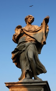 angelo, statua, uccello, ali, cielo, marmo, azzurro