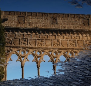riflesso, pozzanghera, acqua, archi, muro, leoni, venezia