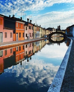 ponte, nuvole, cielo, case, riflesso, acqua, canale, campanili, finestre, riflessi, antenne, colori, fiume, comignoli, camini