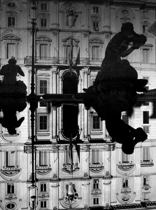 riflesso, finestre, bianconero, palazzo, fontana, statue, acqua, silhouette, statua
