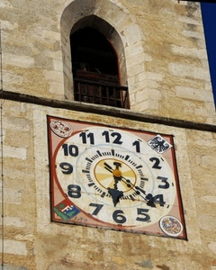 orologio, lancette, numeri, finestra, stemmi, torre, ore, campanile