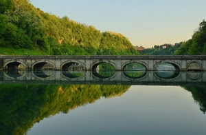 ponte, riflesso, fiume, alberi, acqua, archi, verde, cielo, riflessi, arcate, specchio